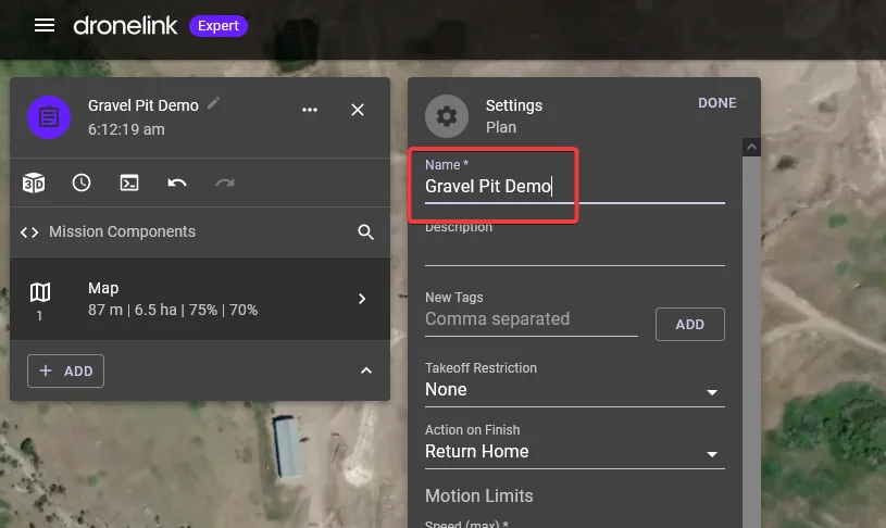 naming your mapping mission in Dronelink